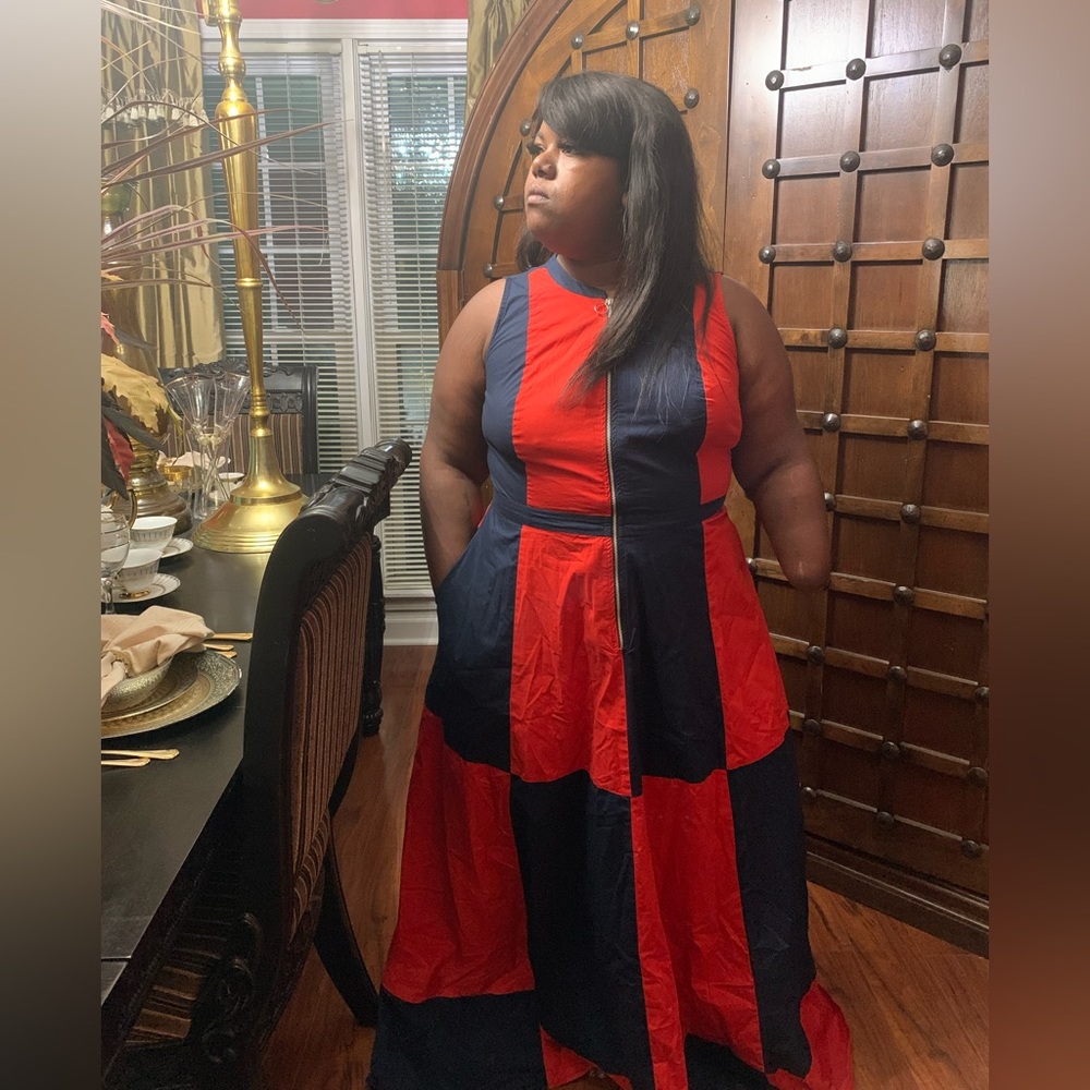 Blue and red sleeveless maxi dress.